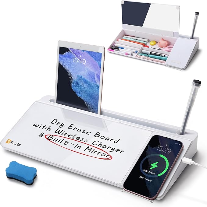 SELEAD Desktop Glass Whiteboard with Wireless Charger & Built-in Mirror, Dry Erase Board Computer Pad Keyboard Stand with Organizer for Home, School, Office Desk Accessories, White
