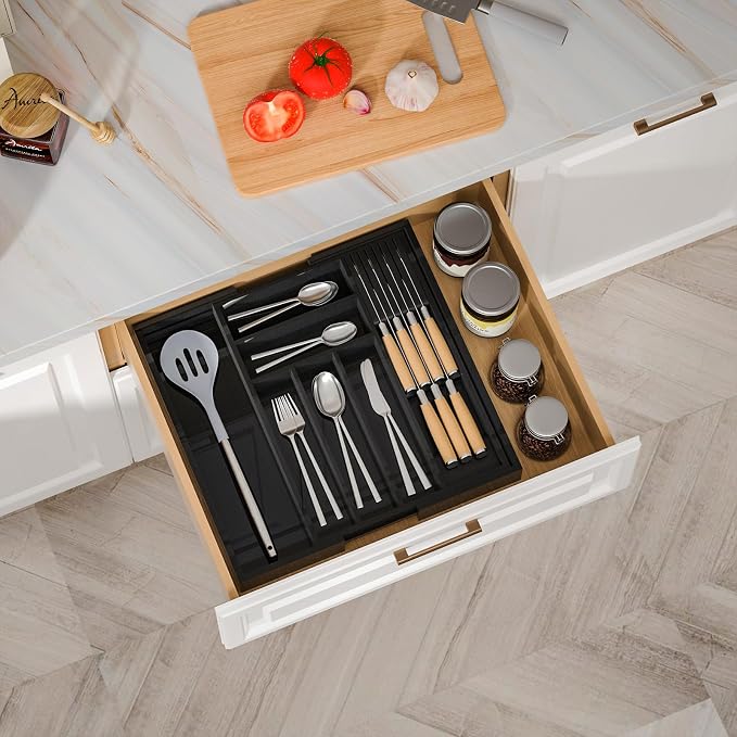 TIOPGHAD Bamboo-Silverware-Drawer-Organizer-Kitchen, Expandable Utensil Holder Cutlery Tray Flatware Organization Adjustable Wood Tableware Dividers Storage (with Removable Knife Block)(Black)