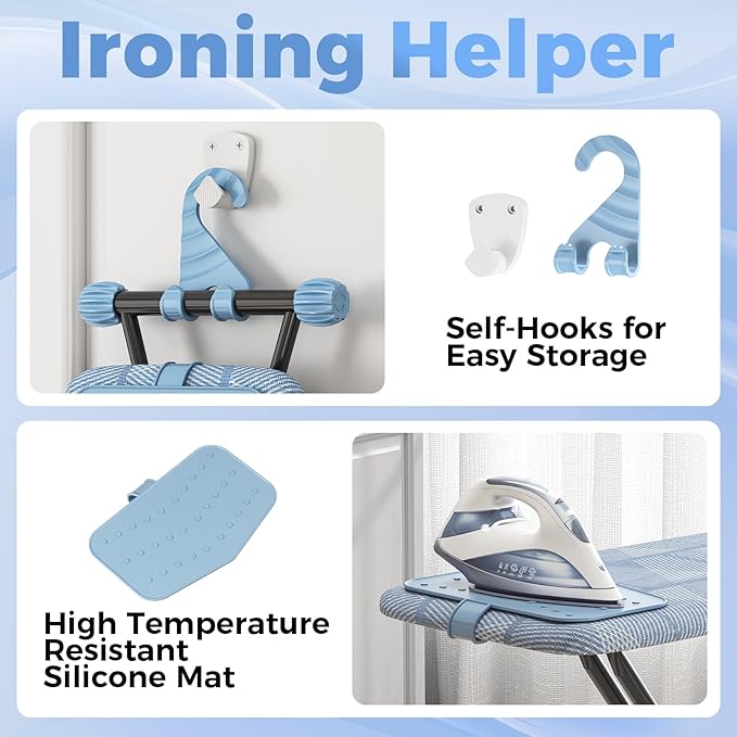 KINGBOARD Ironing Board, Compact Iron Board with Silicon Iron Mat, Heat Resistant Cover, 7 Height Adjustable, Foldable Ironing Board Wall Mount Hanger, 13x43 Blue