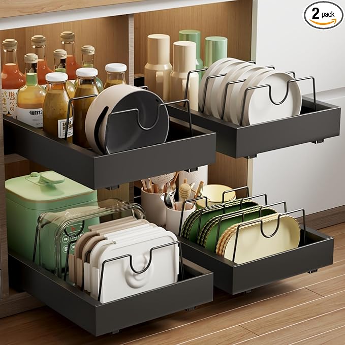 Mustorn 2 Pack Pull Out Cabinet Organizer with 8 Dividers,21.8" Deep Slide Out Drawers for Cabinets Adhesive Pull Out Drawers Heavy Duty Pull Out Shelves for Kitchen, Cupboard, Pantry, Bathroom-Black