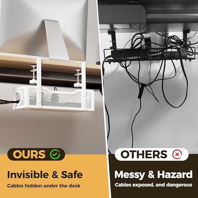 Under Desk Cable Management Tray White, Cinati Wire Organizers No Drill, Cable Tray with Clamp for Wire Management, Cord Organization Box for Office, Home - No Damage to Desk