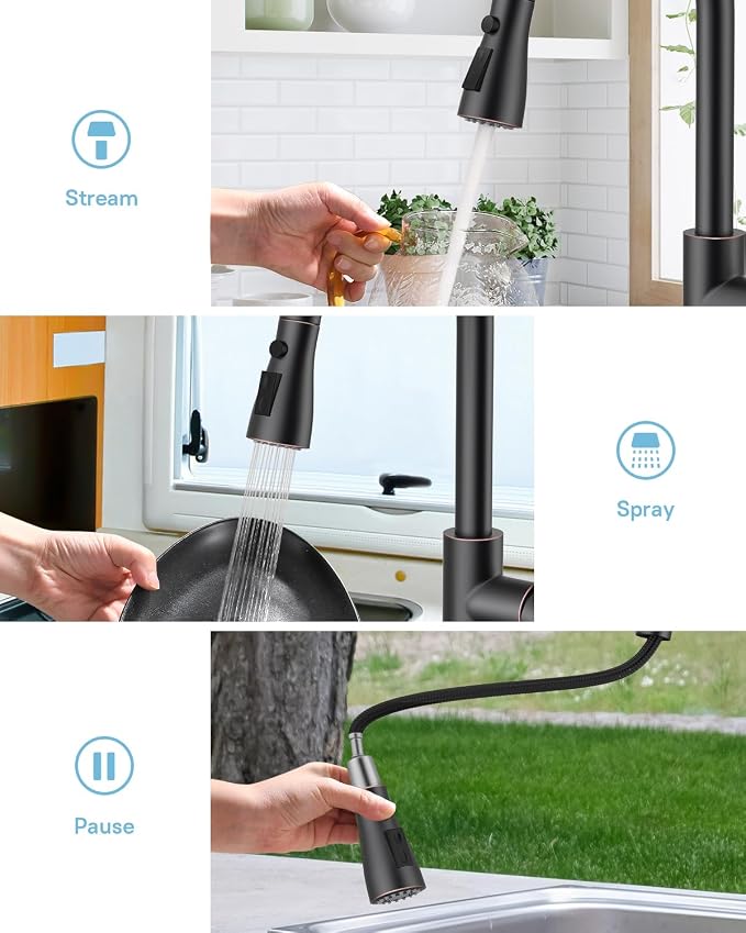 WEWE Kitchen Faucet with Pull Down Sprayer and Soap Dispenser, Oil Rubbed Bronze High Arc Single Handle Stainless Steel Sink Faucet, Suitable for Farmhouse, RV & Laundry
