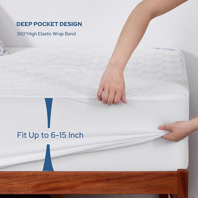 BEDLORE Waterproof Mattress Protector, Twin XL Size Mattress Pad with Deep Pocket 6"-15" Depth, Soft Breathable Bed Mattress Cover for Bedroom, College Dorm (White)
