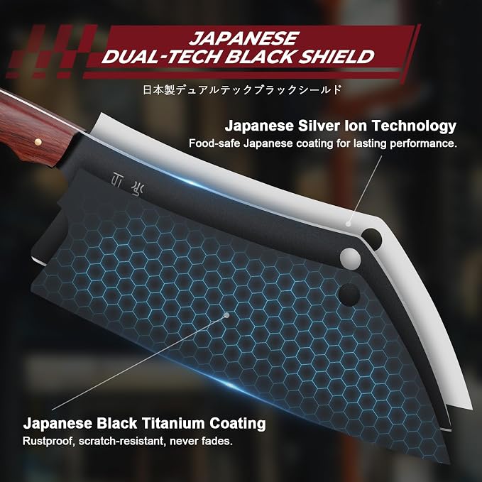 DRGSKL Meat Cleaver Knife 8 inch - Black Butcher Knife for Meat Cutting | Japanese ATS-34 Steel, Full Tang, Ergonomic Walnut Handle, Precision Cutting, Gift Box