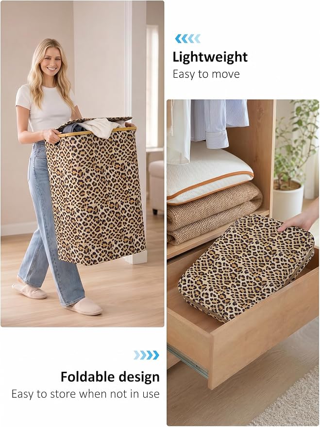 iEGrow Laundry Hamper with Lid, 110L Large Laundry Basket with Handle, Collapsible Clothes Basket Organizer with Removable Inner Bag for Clothes Towels - Leopard print