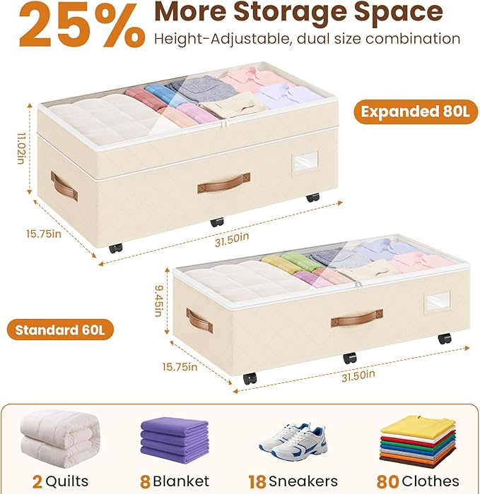 80L 2 Pack Adjustable Under Bed Storage with Wheels, Beige | Underbed containers with clear lids, rolling underbed shoe storage organizer for dorm clothes, blankets, easy to install