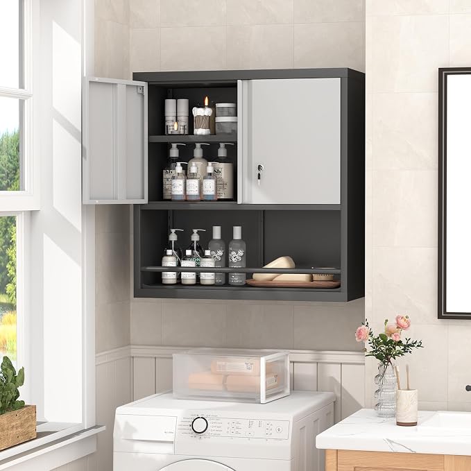 GREATMEET 31" H Metal Garage Storage Cabinets with Doors and Shelves, Lockable Storage Cabinet with Lock, Hanging Cabinets for Wall, Wall Mount Cabinet for Utility Room, Black&Grey