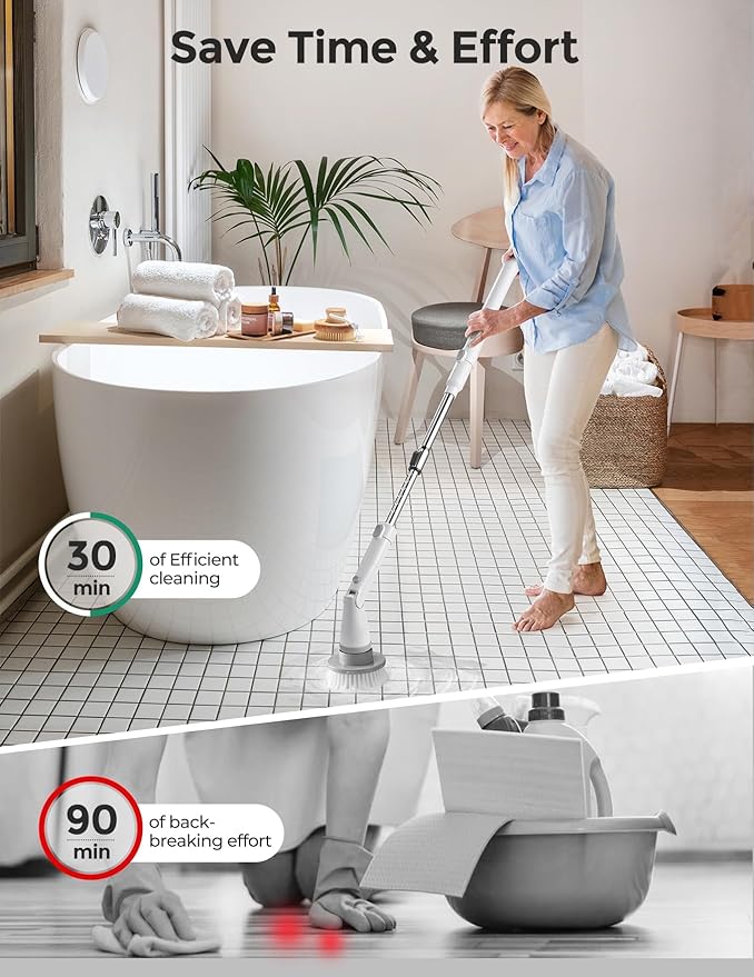 kHelfer Electric Spin Scrubber, 2025 New Shower Scrubber 8 Replacement Head, 1.5H Cordless Bathroom Scrubber Dual Speed, Shower Cleaning Brush with Extension Arm for Bathtub Tile Floor