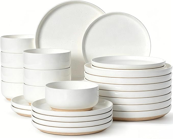 Plates and Bowls Sets, Scratch Resistant Dinnerware Sets for 8, 24 Pieces Porcelain Ceramic Dishware Dishes Set, Modern Stoneware Kitchen Dinner Set, Microwave and Dishwasher Safe, Cream White