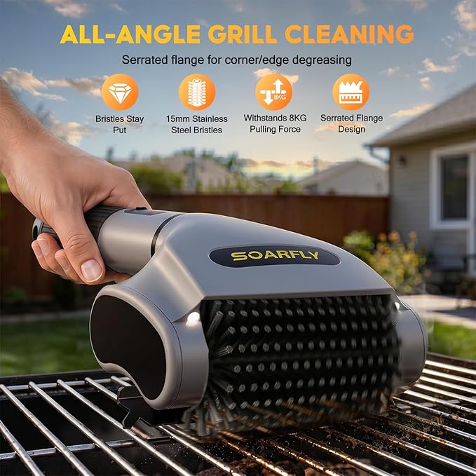 SOARFLY Electric BBQ Grill Brush, 800RPM Grill Cleaner for Outdoor Grill with 2-Speed & 20kg Torque–Last 3.5H, Dual LED Light for Night, No Bristle Drop Safe for Cast Iron Stainless, Gifts for Men Dad