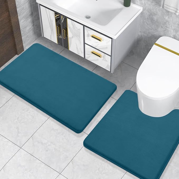 Smiry Memory Foam Toilet Rugs U-Shaped 20x20, Extra Soft Absorbent Non-Slip Contour Bathroom Rugs, Machine Washable Bath Mats for Toilet, Peacock Blue