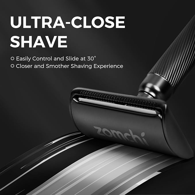 Double Edge Safety Razor with Stand, Version 2.0 Includes 10 Blades | Modern matte black finish with a sleek appearance that helps reduce visible fingerprints.
