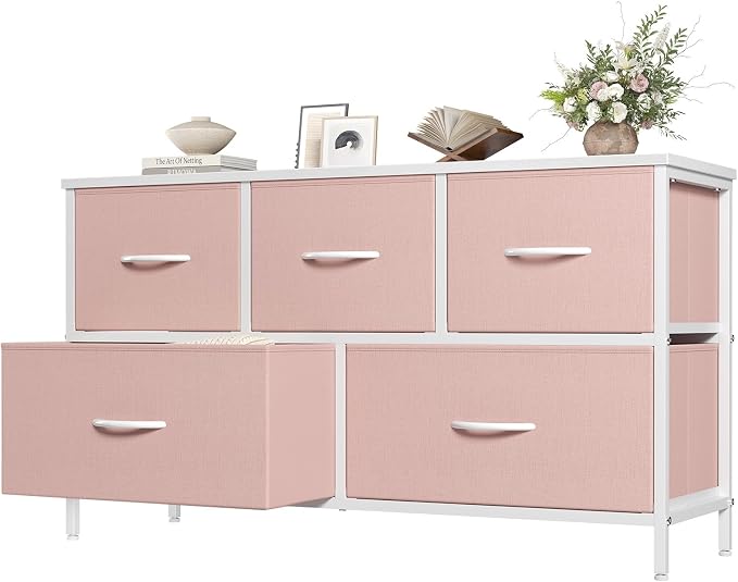 OLIXIS Pink Dresser for Girls Bedroom, Wide Dresser for Closet, 5 Drawers | Closet Organizers and Storage with Bins, Fabric Chest of Drawers for Clothes Storage, Wooden Top, Living Room