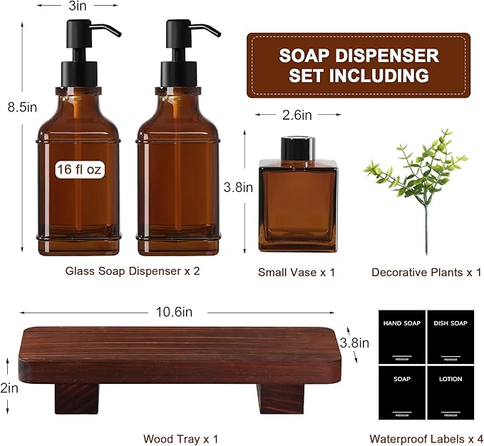 Modern Kitchen Soap Dispenser Set with Wood Tray, Amber Glass Soap Dispensers with Pump, Decorative Hand and Dish Soap Dispenser Set, Soap and Lotion Dispenser Upgrade for Kitchen and Bathroom Decor