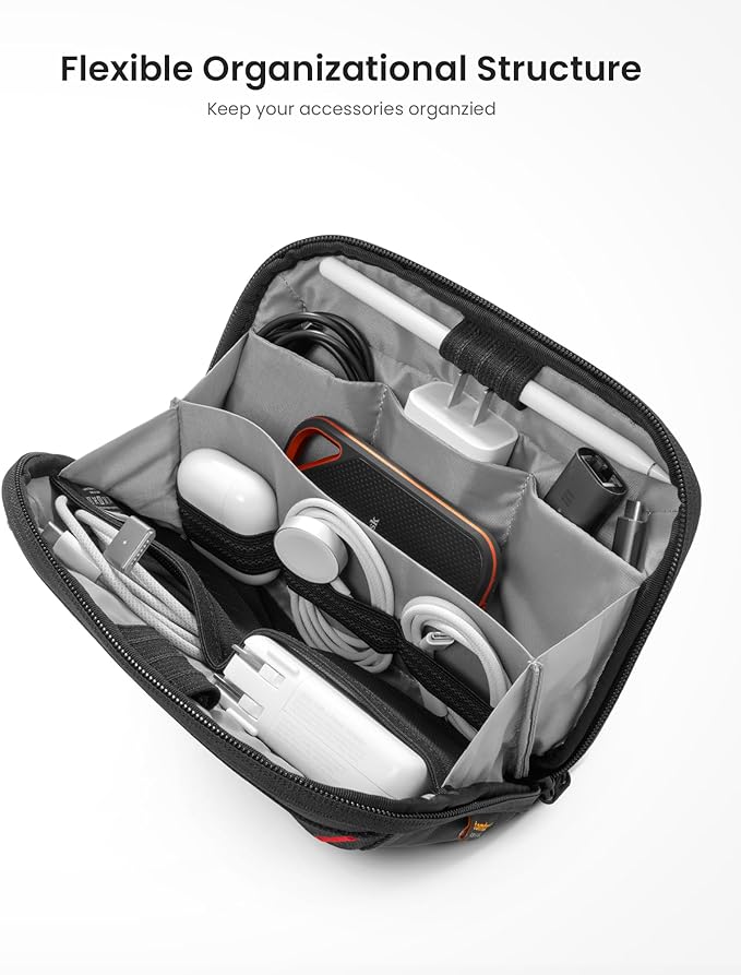 tomtoc Travel Cable Organizer Pouch, Electronics Accessories Organizer Portable Waterproof Double Accessories Carry Case for Cord, Charger, Cables, USB Drive, Black