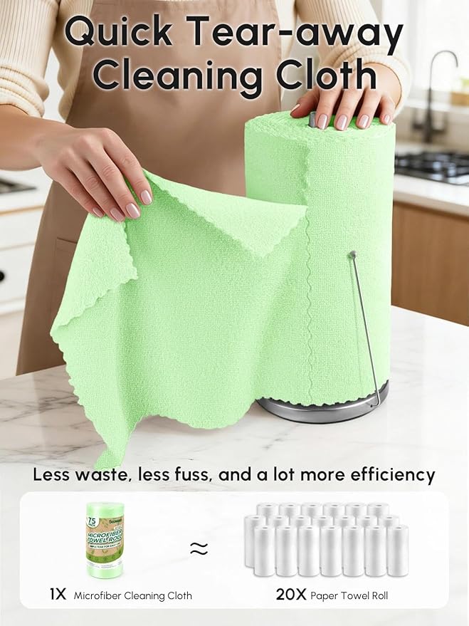 Microfiber Cleaning Cloths Roll, 75 Pack Tear Away Microfiber Towels Roll, 12" x 12" Lint Free Rags, Reusable Cleaning Cloths, Washable, Scratch Free,Ultra Absorbent Dish Rags(Green)