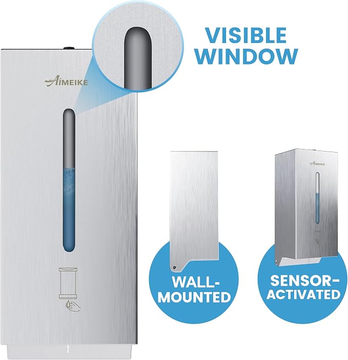 Commercial Automatic Wall-Mount Soap Dispenser, Stainless Steel | Touchless 800 mL commercial dispenser with stainless steel exterior, vertical window, keyed lock and 6 AA battery power.
