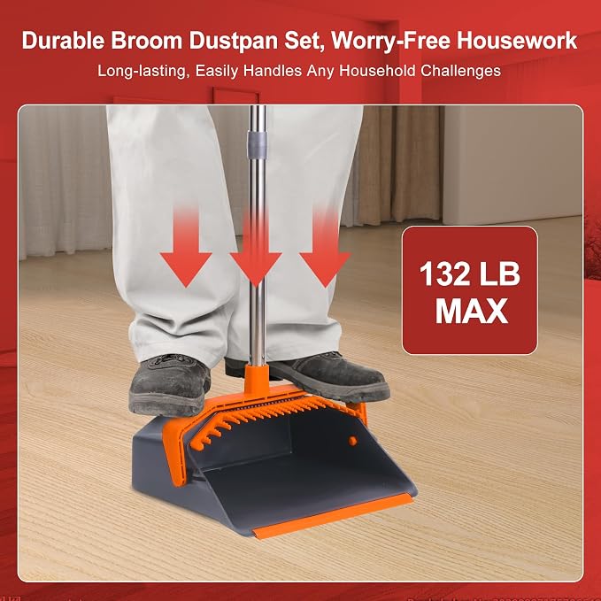 Tiumso Broom and Dustpan Set with 51'' Long Handle, Upright Broom and Dustpan Combo for Home Kitchen Office Restaurant Garage Lobby Dog Cat Pets Hair - Grey and Orange