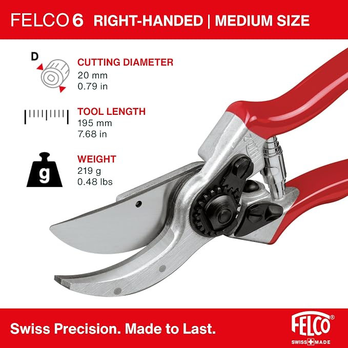 Felco F6 Pruning Shears – 7.7" Swiss-Made Garden Clippers for Medium Hands | Hand Pruners for Gardening | Garden Tool Cutter with Precision Bypass Blade, Forged Aluminum Handles, Replaceable Parts