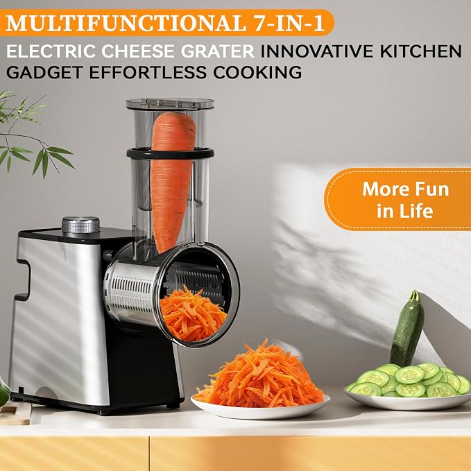 7 in 1 Electric Cheese Grater, 300W Cheese Grater for Block Cheese with 14 Blades, Y Peeler and Brush, Kitchen Automatic Cheese Shredder Electric for Vegetables, Fruits, and Salad