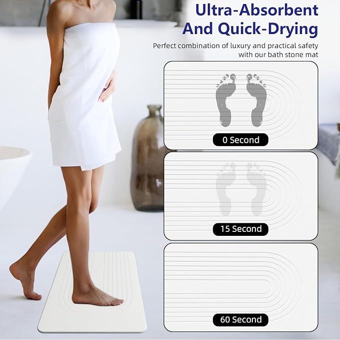 Fast Drying Stone Bath Mats for Bathroom, Non-Slip Diatomaceous Earth Bath Mat, Super Absorbent Bath Mat Stone (23.6''×15.4" White Arcana)
