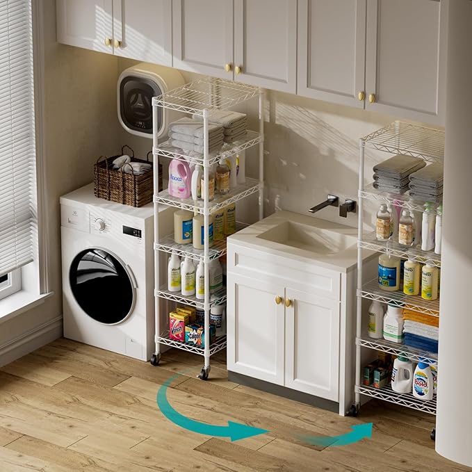 SINGAYE 6 Shelves Storage Shelf Wire Shelving Unit Metal Adjustable Wheels | Small Shelf Storage with Wheels Organizers Closet Unit for Bathroom Laundry Room Kitchen Pantry11.5D x 17.5W x 61.5H White