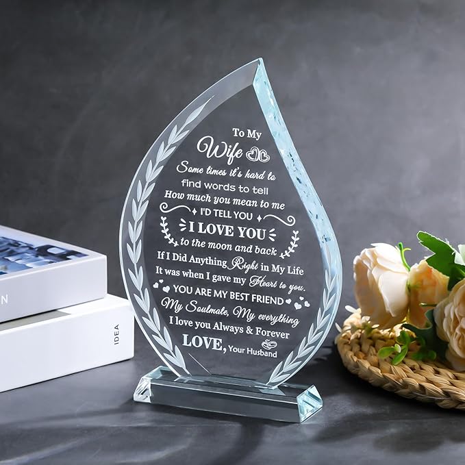 QIANWEI Mothers Day Gifts for Wife from Husband Laser Engraved Glass Plaque, Romantic Birthday Wedding Anniversary Christmas Valentines Present for Women