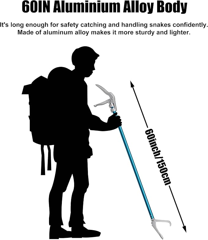 60" Snake Tongs, Professional Aluminum Alloy Standard Reptile Grabber Reacher | Snake Catcher Wide Jaw Handling Tool for Outdoor, Garden, and Emergency Use