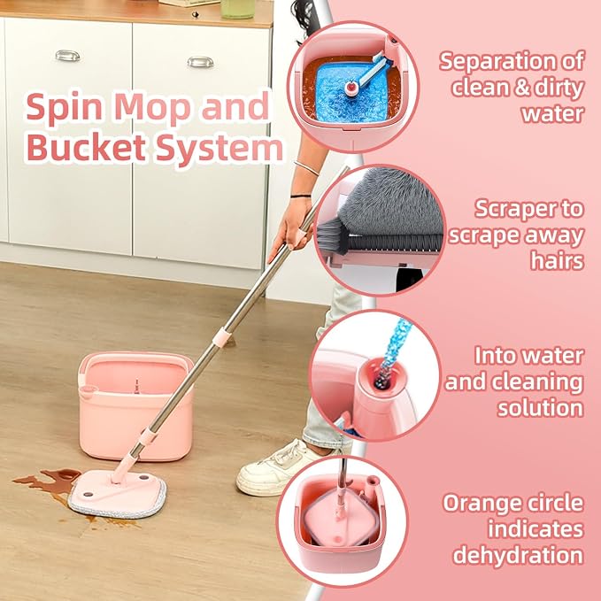 Upgraded Spin Mop and Bucket System Set, Self Separate Clean and Dirty Water, Foldable Square Standing Mop Head with Microfiber Mop Pads, Detachable Bucket (Pink, 1.0 Mop Bucket Set with 6 Pads)