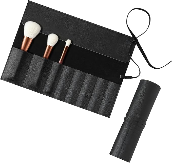 Kacctyen Black Leather Makeup Brush Roll, Full Grain Leather Organizer with 8 Brush Slots, Travel-friendly Cosmetic Tool Holder for Makeup Artists & Beauty Enthusiasts
