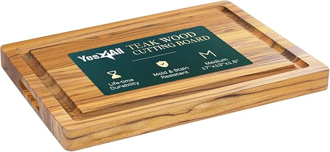 Yes4All Durable Teak Cutting Boards for Kitchen,[16.5''L x 13''W x 1.5”Thick] Medium Edge Grain Cutting Board, Pre Oiled Wood Cutting Boards, Thick Chopping Board w/Juice Grooves and Easy Grip Handle