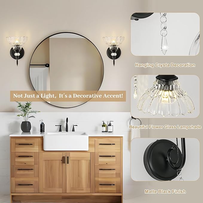 1 Piece Black Wall Sconce, 1-Light Black Farmhouse Wall Sconce with Hanging Crystal Accents and Flower-Shaped Clear Shades for Bathroom Bedroom Living Room,Vintage Vanity Light