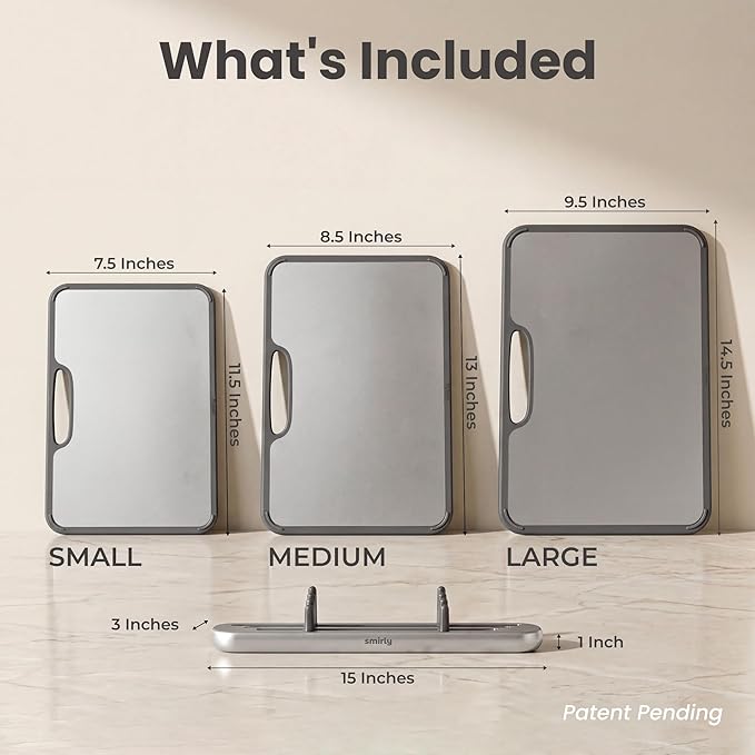 SMIRLY Titanium Cutting Board for Kitchen, with Holder, 3 Pack, Silver | Food-grade Titanium Surface with a Non-porous, Double-sided Design for Easy Cleaning and Hygienic Food Prep