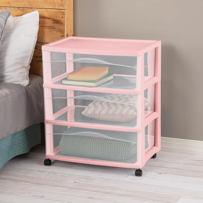 Sterilite 2 Pack Wide 3 Drawer Storage Cart, Rolling Organization, Pink | Clear Plastic Organizer Drawers with Wheels for Craft Supplies, Bath Essentials, or Home Accessories