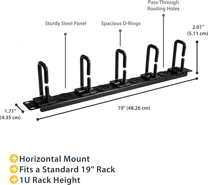 StarTech 1U 19in Horizontal Cable Manager, D-Ring, Steel (CABLMANAGERH) | Passthrough holes, 5 routing loops, Fits 2 or 4-post racks, M5 cage nuts and screws, EIA-310-E, 3.75in depth