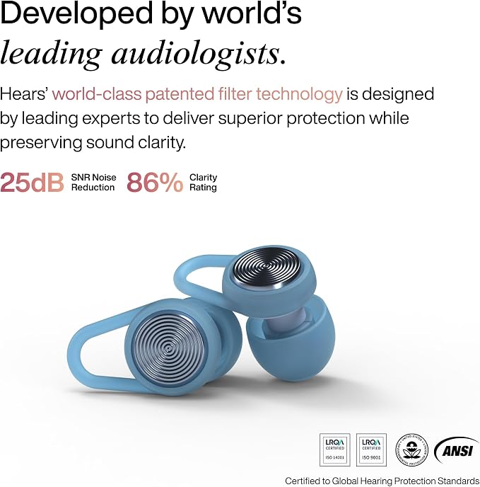 Hears One Ear Plugs for Noise Reduction - Patented Reusable Concert Earplugs, 20dB SNR Sound Reduction, Hypoallergenic for Musicians, Motorcycle and Sleeping with 4 tip Sizes – ⁠Blue Lagoon