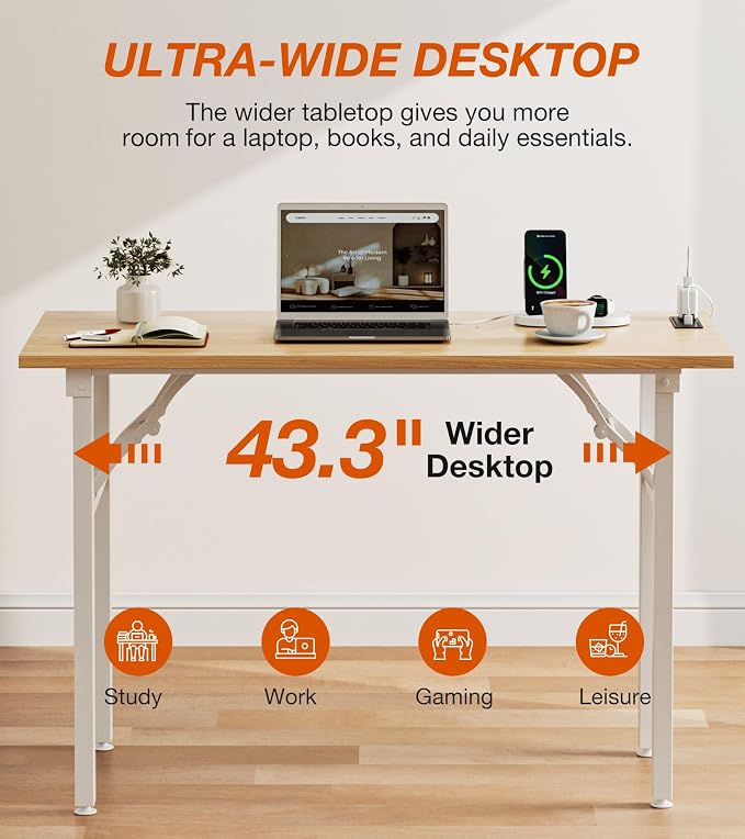 XBurmo Small Folding Desk Folding Table, No Assembly Foldable Desk Gaming Desk, 43.3-Inch Computer Table Workstation with 2 AC Outlets and 2 USB Ports for Bedroom and Home Office, Light Maple