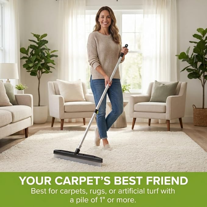 Room Groom Carpet Rake and Groomer with Telescoping 54 Inch Adjustable Handle, Portable Design, Carpet Brush Ideal for Pet Hair, Refreshing High Pile Carpets, Rugs, and Artificial Turf