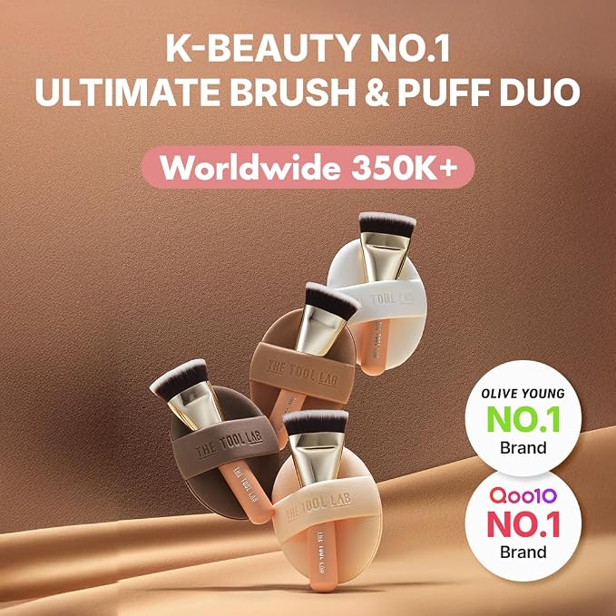 THE TOOL LAB All Day Cover Duo - Premium Base Makeup Set for Liquid Cream Powder Foundation, Buffing Blending Face Brush, Sponge, Portable Case - 1.1" Flat Top Brush