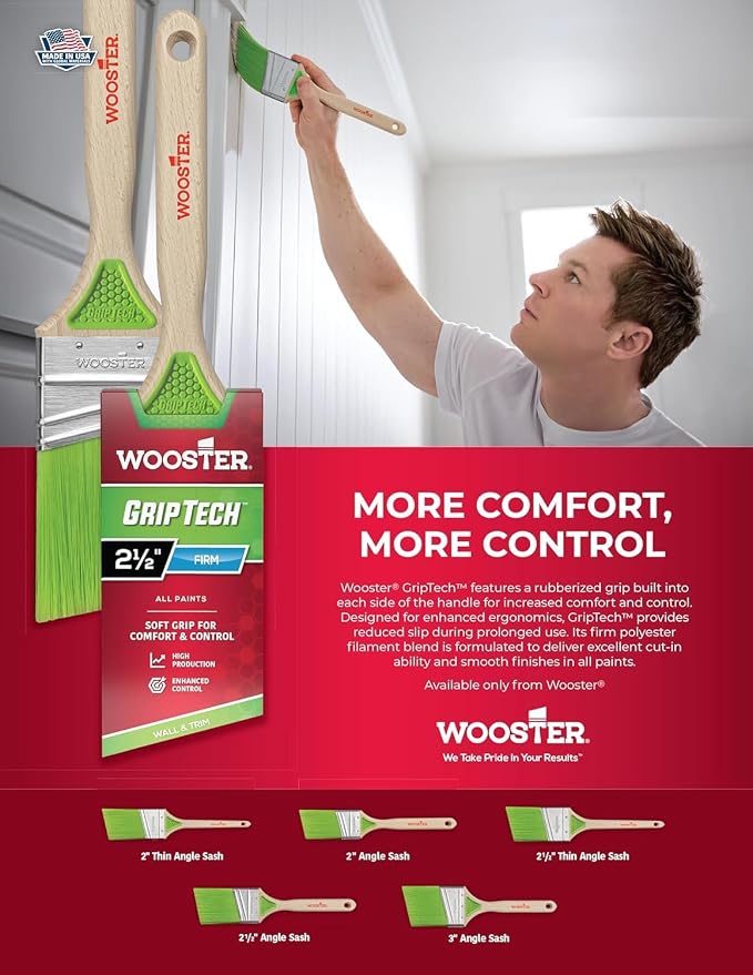 6-Pack of 2-1/2” Wooster 5400 GripTech Thin Angle Paint Brush, Rattail Handle