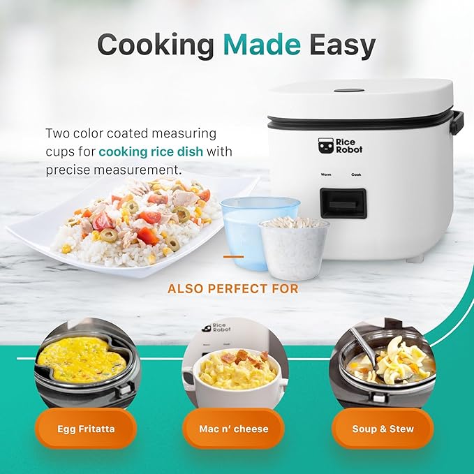 Rice Robot Rice Cooker – Family Size 4 Cup Uncooked (8 Cups Cooked) Electric Rice Maker | PFAS-Free Ceramic Nonstick | Includes Stainless Steel Steamer Tray and Accessories | As Seen on TV