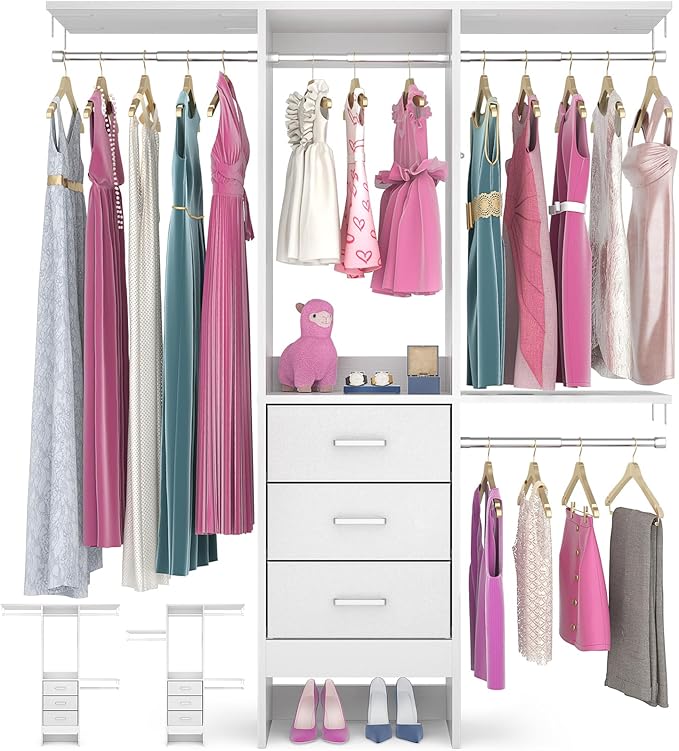 Besiost 4FT Small Closet System with 3 Fabric Drawers, 48'' Closet Organizer System With 3 Adjustable Shelves, Flexible Built-In Clothes Garment Rack for Small Space, 48" L x 13" W x 71" H, White
