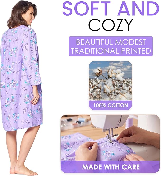 Casual Nights Women's Floral Snap Front Flannel Duster Long Sleeve Lounger Dress