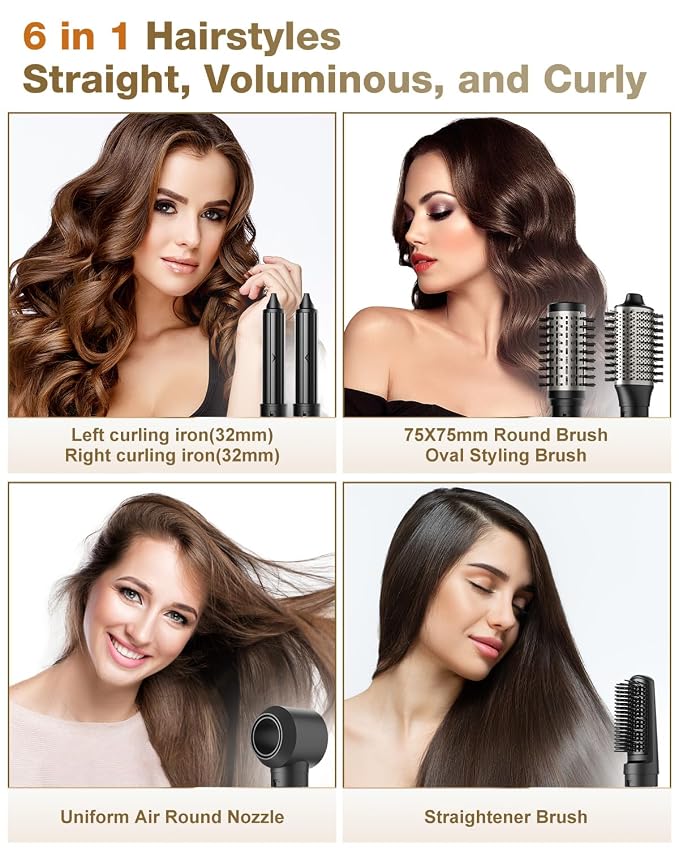 7MAGIC 6 in 1 Multi Hair Styler Dryer Brush, 110,000 RPM High-Speed, Negative Ionic, Fast Drying for Professional Blow Dry, Curling, Volumizing, Straightening and Styling, Silver
