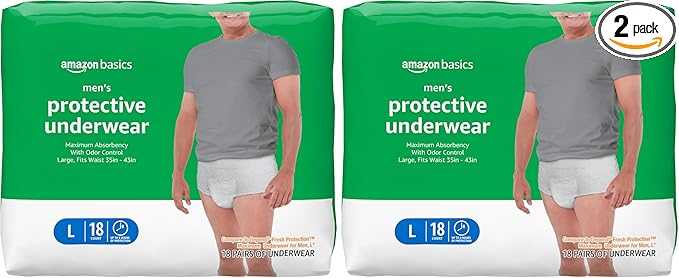 Amazon Basics Maximum Absorbency Incontinence Underwear for Men with Leak Protection, Advanced Odor Protection, Soft Cotton Feel, Large, 18 Count (Pack of 2)