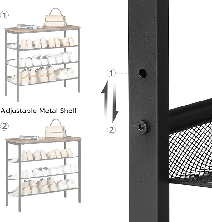 HOOBRO Shoe Rack for Entryway, 4-Tier Shoe Organizer with Adjustable Mesh Shelves, 12-16 Pairs of Shoes, Spacious Floor Mount, Metal, Industrial, Shoe Shelf for Closet, Rustic Brown BF42XJ01