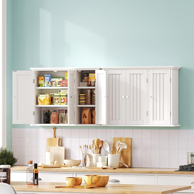 ChooChoo Bathroom Wall Cabinet with 3 Doors, Laundry Cabinet Wall Mounted, Medicine Cabinet with Adjustable Shelves, Hanging Kitchen Cupboard Organizer, White