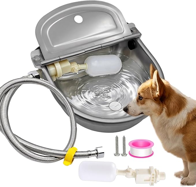 Automatic Water Dispenser for Dog Water Bowl Dispenser Large Size Stainless-Steel Waterer Feeder Self Filling Water Trough for Poultry and Livestock (Metallic Gray, Large)