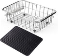 NiuYichee Stainless Steel Dish Drying Rack (15" L X 11" W X 4.1" H), Expandable Fruit & Vegetable Drain Rack Over Sink, Dish Drainer Rack in Sink, with Utensil Holder & Silicone Mat (16")