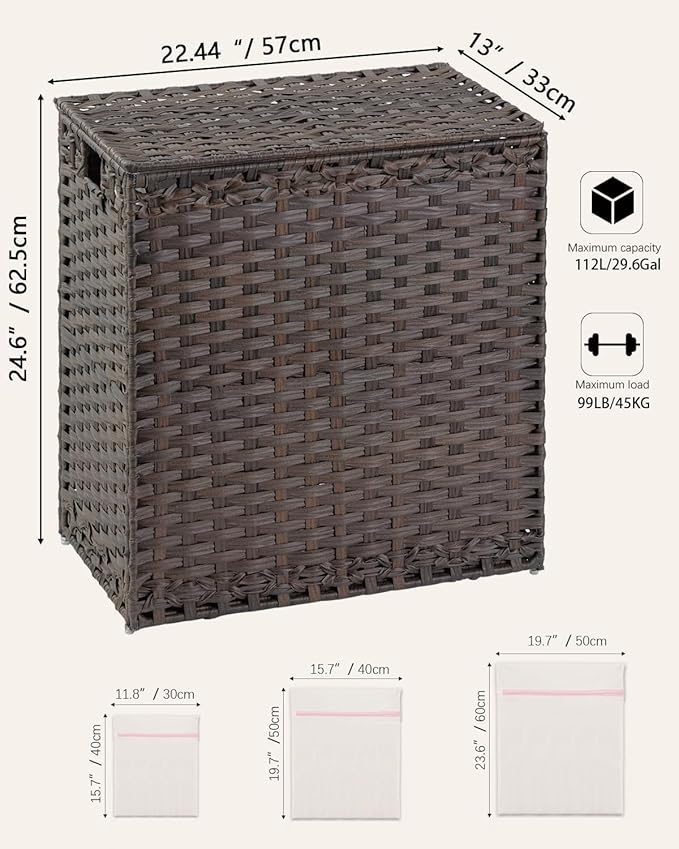 SETVSON Laundry Hamper with Lid Wicker Laundry Basket 112L PE, Brown | Large Family Clothes Sorter Trunk with Lid, 3 Compartment Washable Liners, 6 Mesh Bags, Collapsible Steel Frame